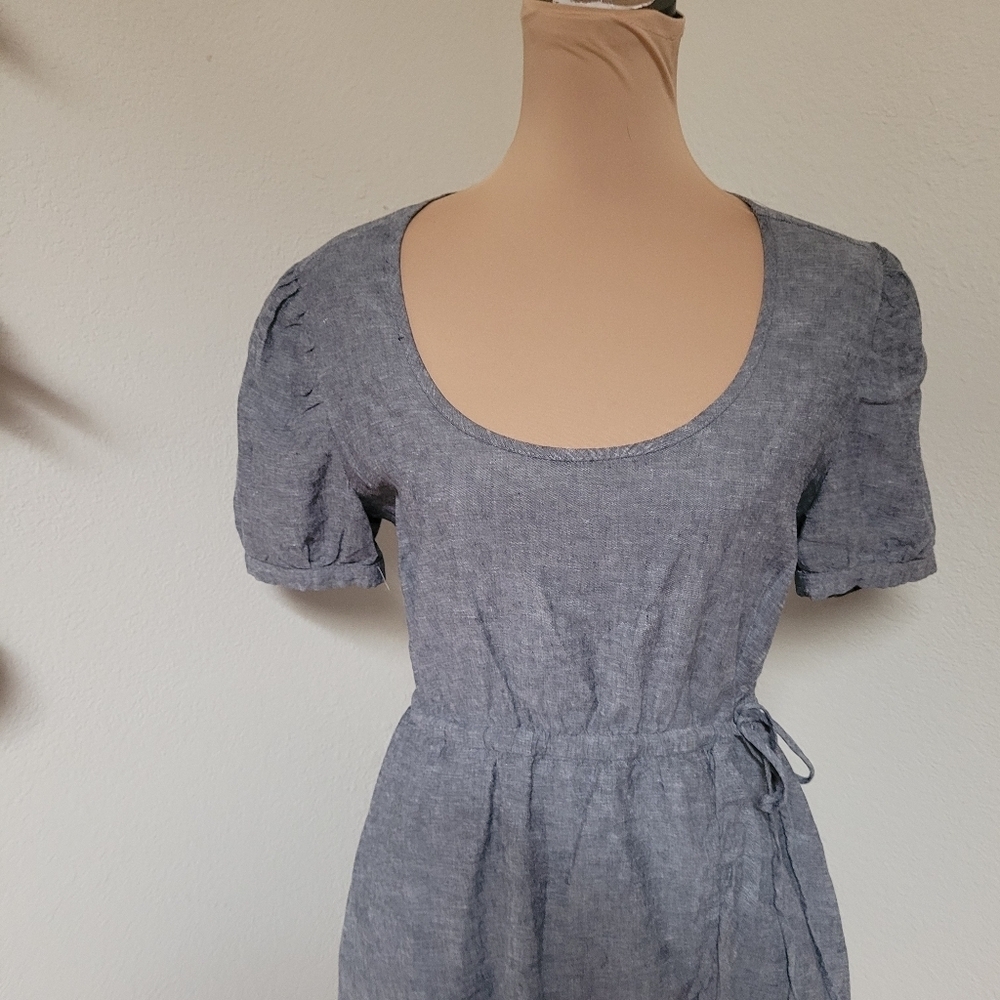 Toad & Co Blue Organic Cotton Scoop Neck Dress with Faux Wrap skirt and Ruffle - Picture 5 of 7